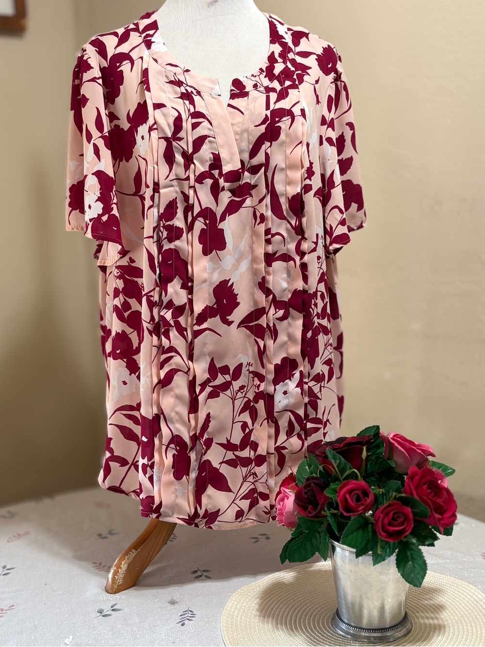 Liz Claiborne Pink and Burgundy Floral Pleated Blouse